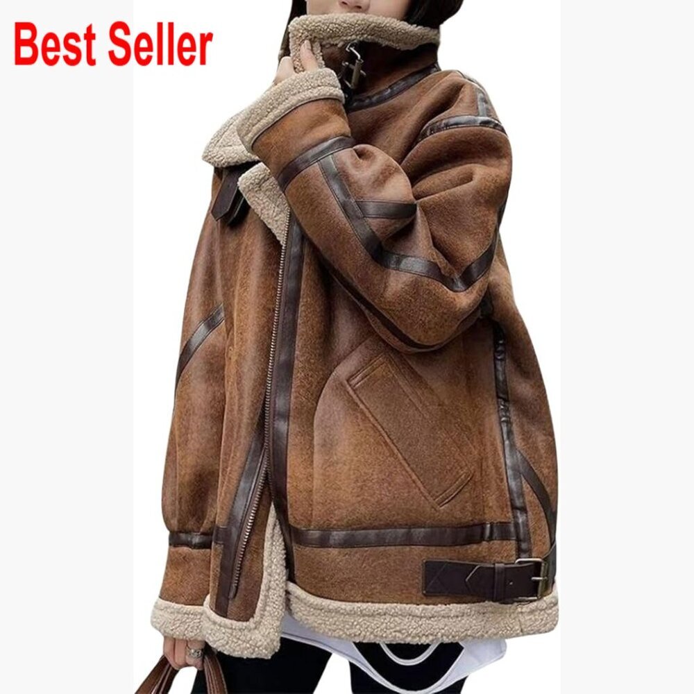 Faux Suede Moto Jacket Sherpa Fleece Lined Leather Jacket Aviator